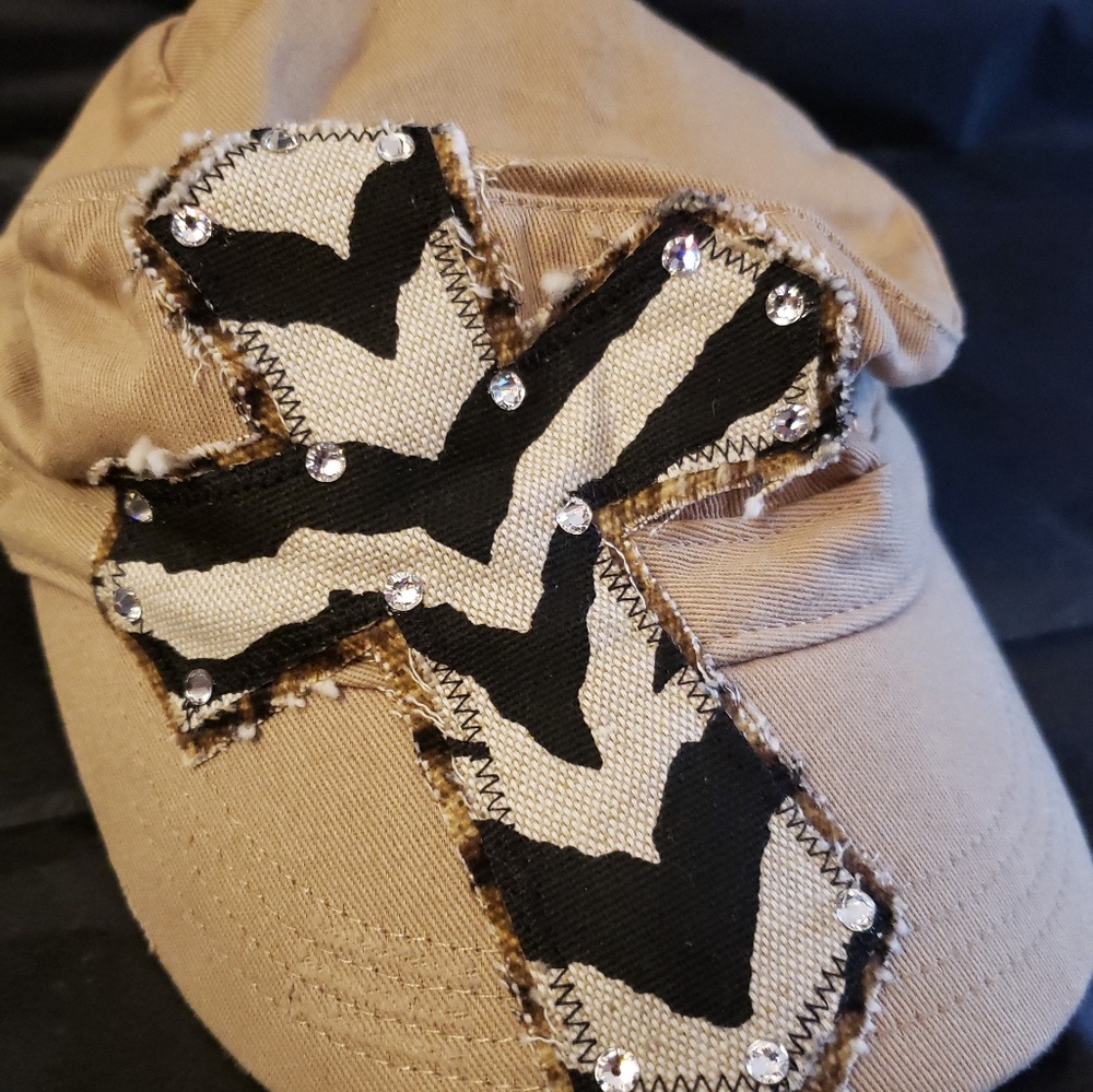 khaki army style hat with cross